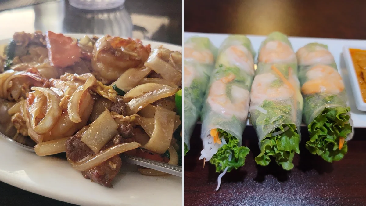 Thai dishes served in a cozy dining room.
