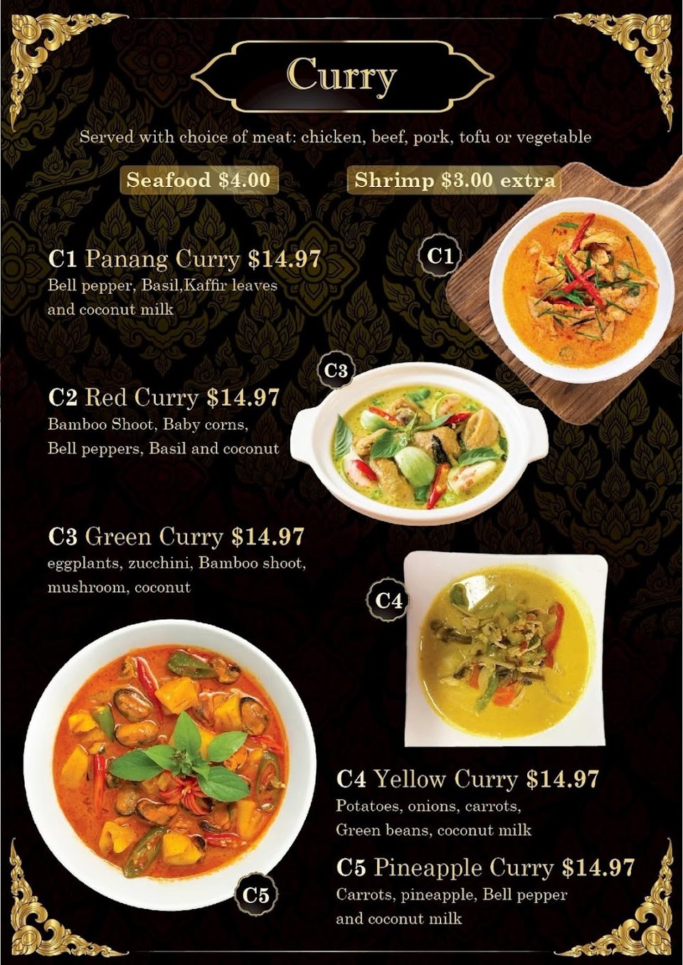 Printed menu with Thai curries and noodles.