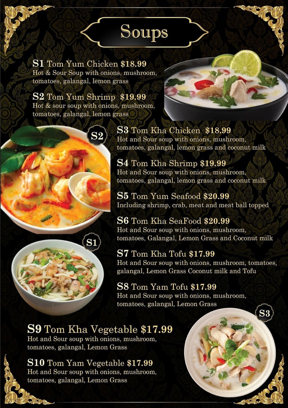 Menu featuring vegan options and pho.